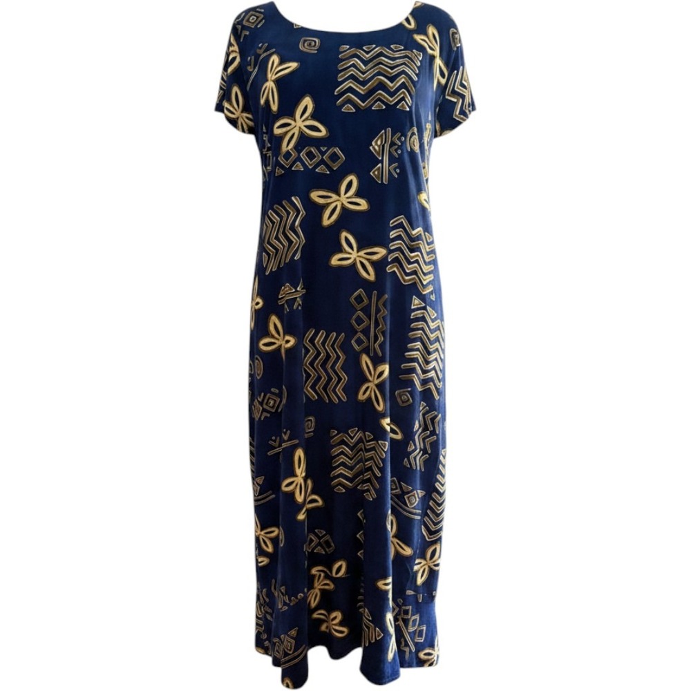 Hawaiian Moon Navy Blue Tribal Batik Print Midi Dress Short Sleeve Medium